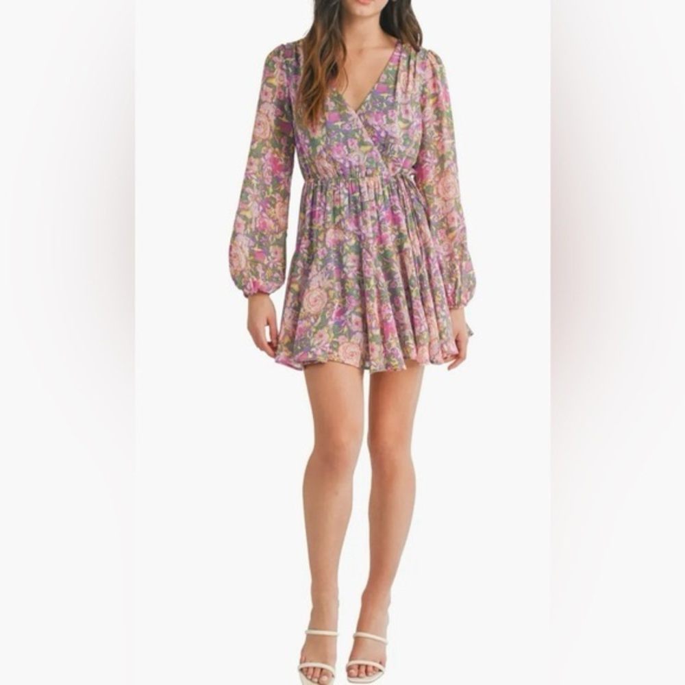 LUSH Floral Long Sleeve Faux Wrap Minidress size small